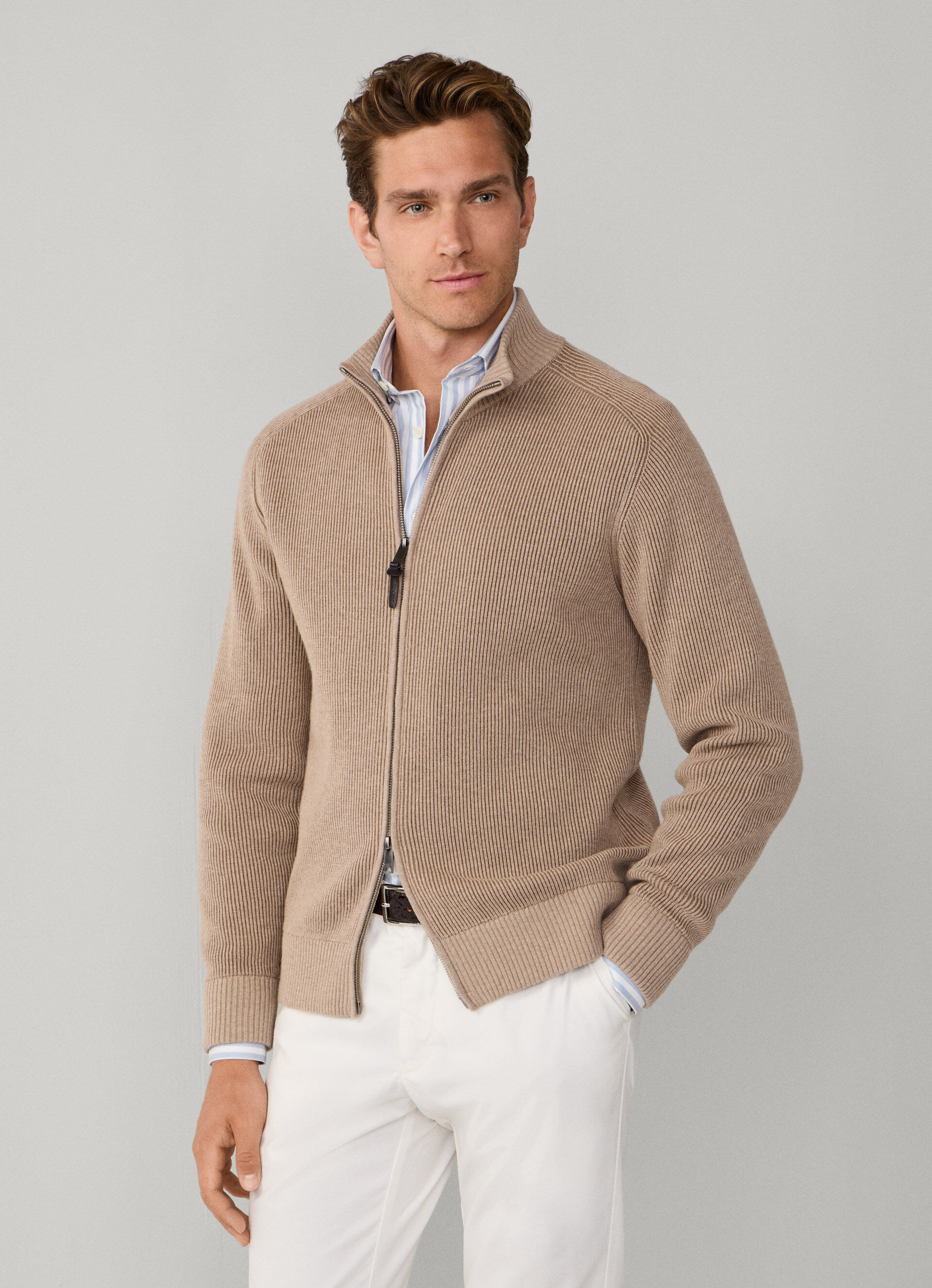 Wool-Cotton Bi-Colour Full-Zip Cardigan | Hackett