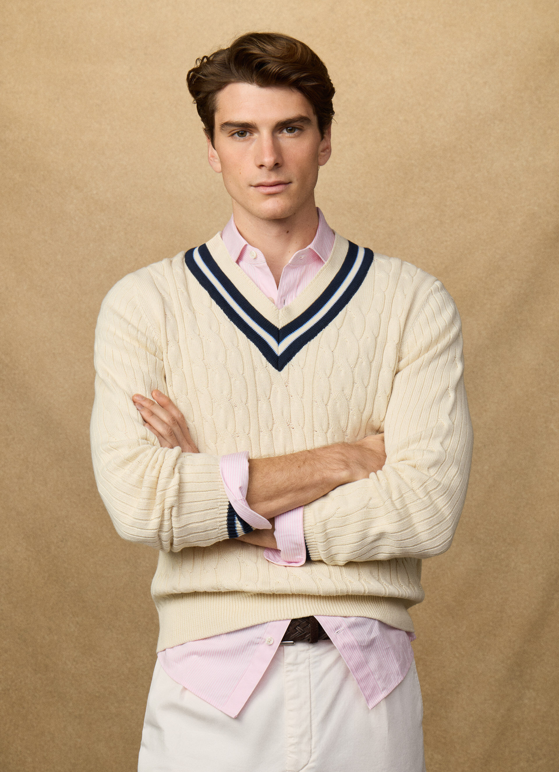 Cricket Cable Knit V-Neck Jumper | Hackett