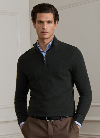Merino Wool Pique Stitch Quarter Zip Jumper