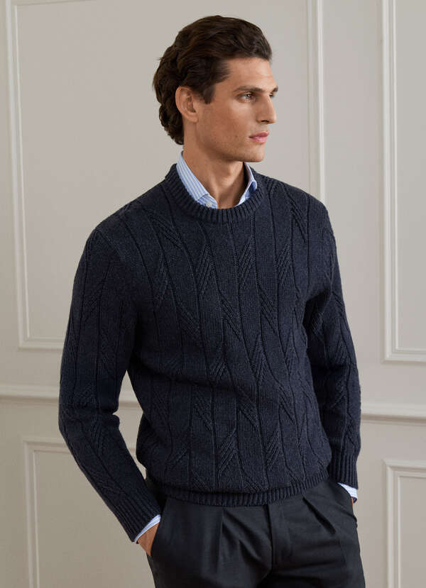 Merino Wool Herringbone Crew Neck Jumper