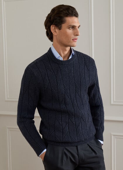 Merino Wool Herringbone Crew Neck Jumper
