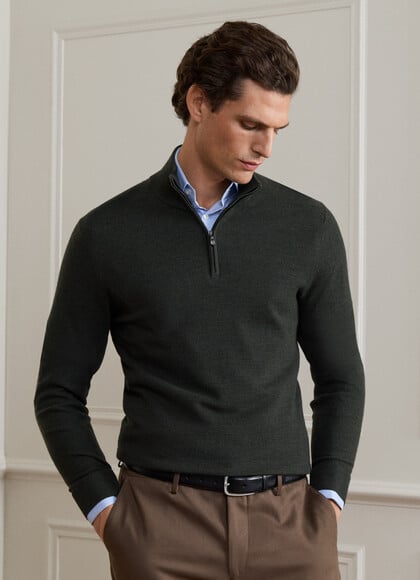 Merino Wool Pique Stitch Quarter Zip Jumper