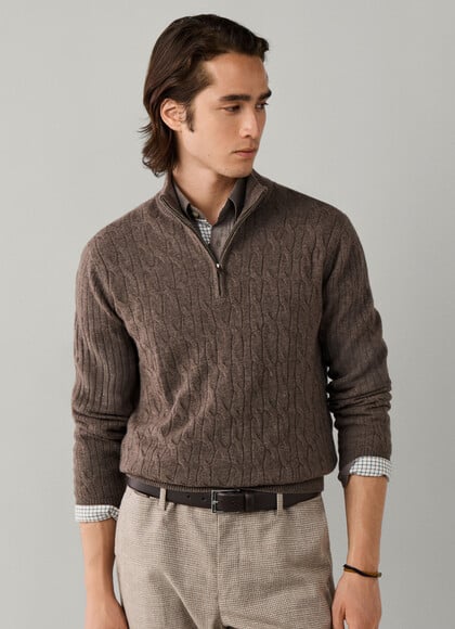 Lambswool Cable Knit Quarter Zip Jumper