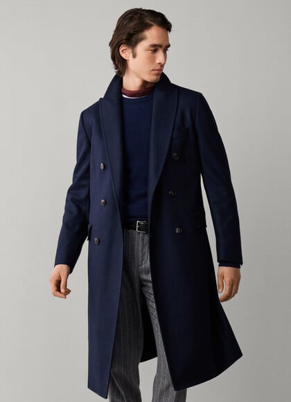 Wool Blend Double Breasted Herringbone Coat
