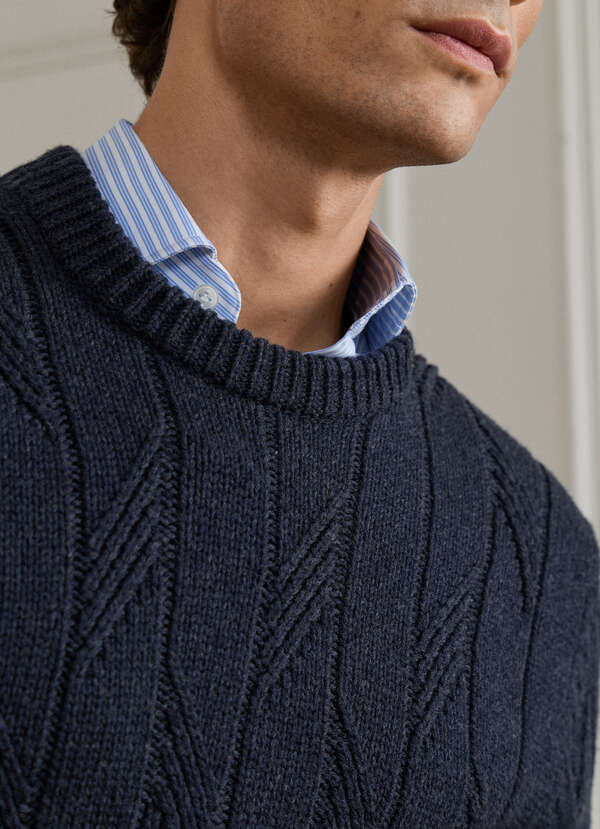 Merino Wool Herringbone Crew Neck Jumper - 2
