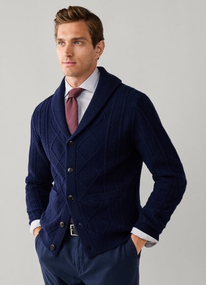 Wool-Cashmere Cable Knit Shawl Cardigan