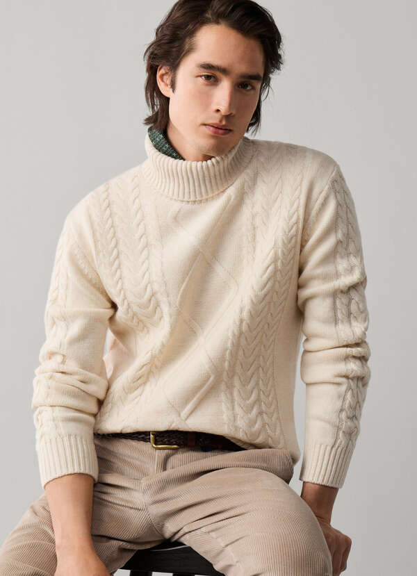 Wool-Cashmere Argyle Cable Roll Neck Jumper
