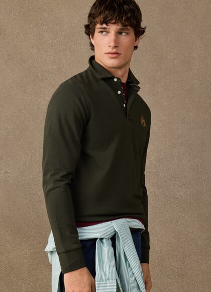 Classic Fit Long Sleeve Branded Crest Polo