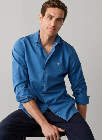 Tailored Fit Mid Wash Indigo Denim Shirt
