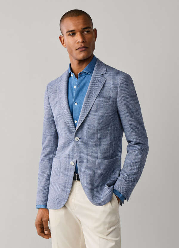 Cotton Blend Jersey Knit Glen Check Blazer Cotton Blend Jersey Knit Glen Check Blazer
