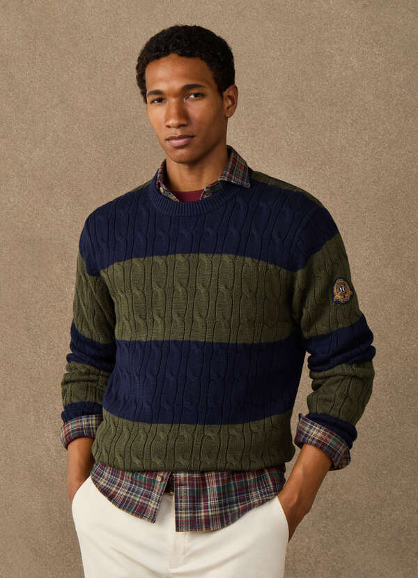 Cotton Striped Cable Knit Crew Neck Jumper