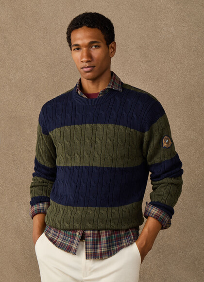 Cotton Striped Cable Knit Crew Neck Jumper