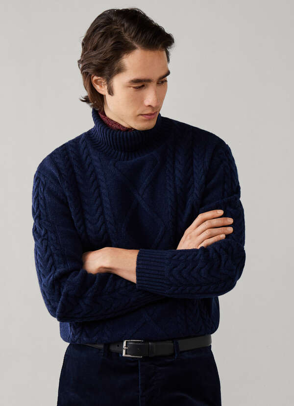Wool-Cashmere Argyle Cable Roll Neck Jumper