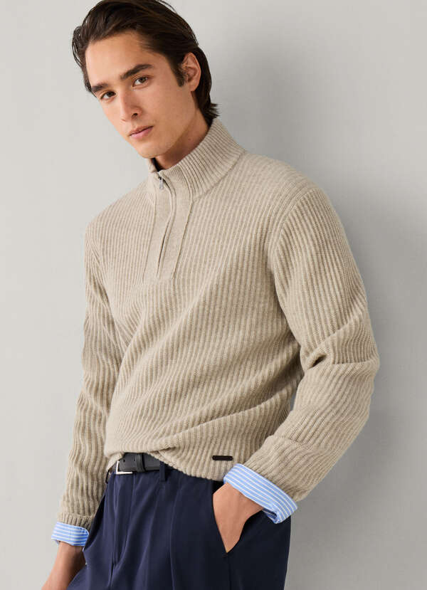 Merino Wool-Cashmere Rib Quarter Zip Jumper