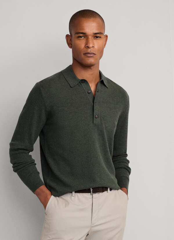 Merino Wool Textured Long Sleeve Knitted Polo Merino Wool Textured Long Sleeve Knitted Polo