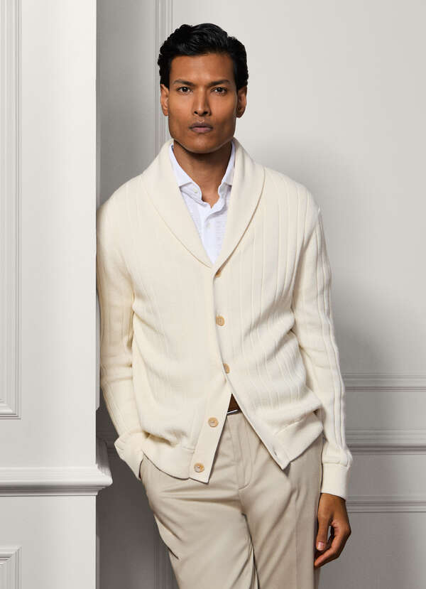 Cotton-Cashmere Rib Shawl Cardigan